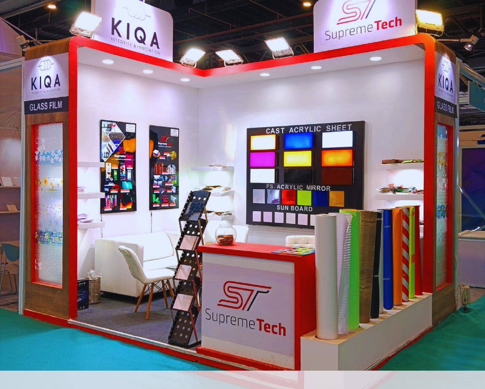 Supreme Tech and KIQA exhibition stand showing glass film, cast acrylic sheet, P.S. acrylic mirror, sun board and vinyl rolls